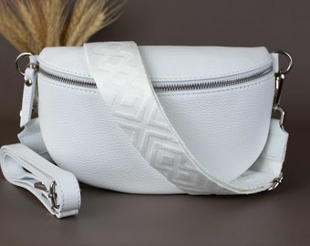 Weiß Leder Bauchtasche für Frauen mit gemustertem Riemen Schulter Crossbody Damen Umhängetasche silber Hardware breitem Träger Geschenk