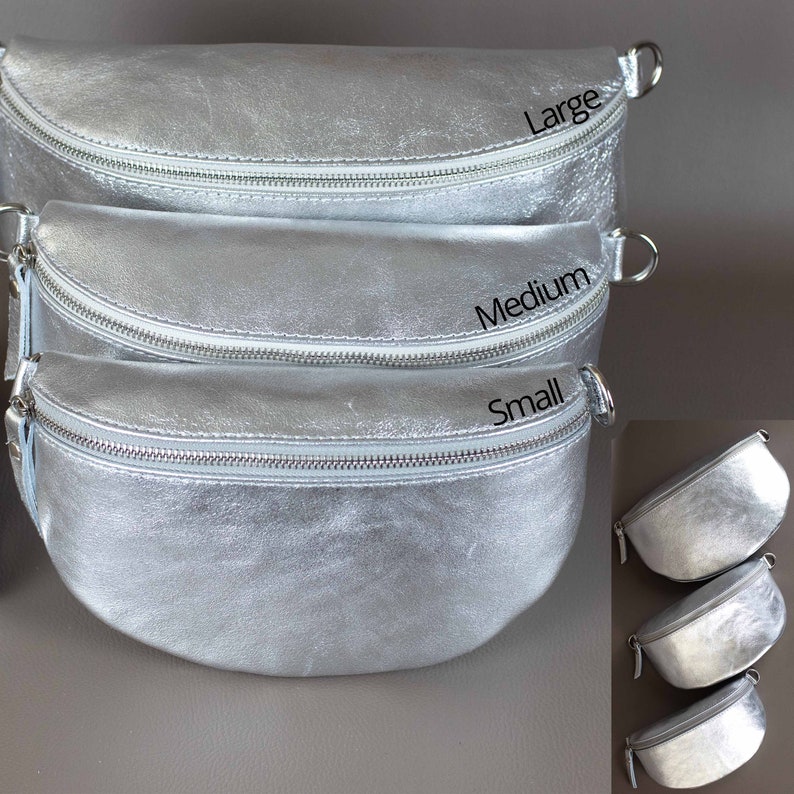 Silver Fanny Pack For Women With Patterned Strap Leather Crossbody Shoulder Waist Bag Silver Zipper Handbag Interchangeable Wide Belt zdjęcie 8