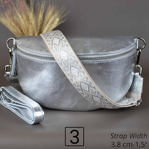 Silver Fanny Pack For Women With Patterned Strap Leather Crossbody Shoulder Waist Bag Silver Zipper Handbag Interchangeable Wide Belt 3