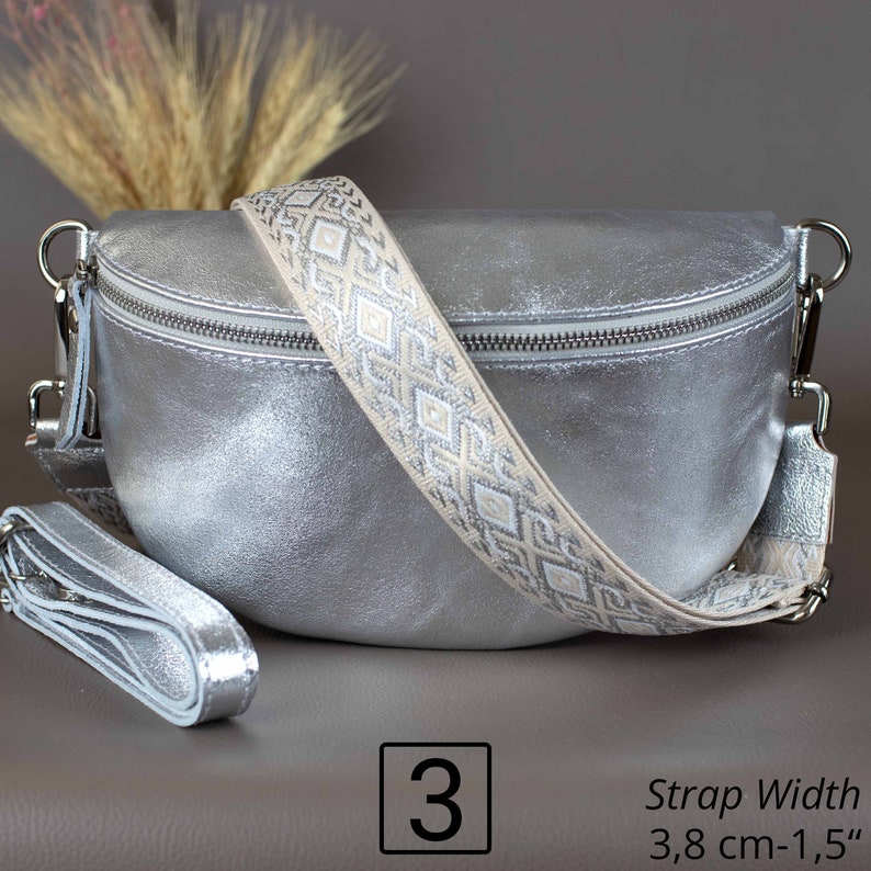 Silver Fanny Pack For Women With Patterned Strap Leather Crossbody Shoulder Waist Bag Silver Zipper Handbag Interchangeable Wide Belt 3