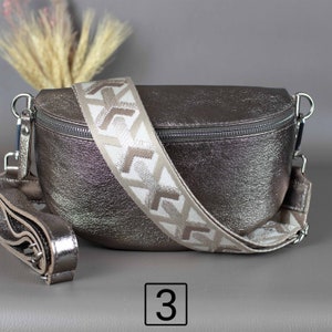 Bronze Fanny Pack For Women With Patterned Strap Leather Crossbody Shoulder Waist Bag Silver Zipper Handbag Interchangeable Wide Belt 3