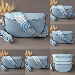 Light Blue Fanny Pack For Women With Patterned Strap Leather Crossbody Shoulder Waist Bag Silver Zipper Handbag Interchangeable Wide Belt