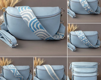 Light Blue Fanny Pack For Women With Patterned Strap Leather Crossbody Shoulder Waist Bag Silver Zipper Handbag Interchangeable Wide Belt