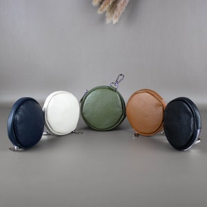 Monedero Redondo de Cuero Genuino con Cremallera para Mujeres, Cartera de Mujer Hecha a Mano, Pequeño Bolso para Monedas