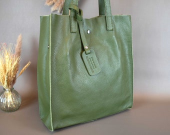 Khaki Leder Shopper Tasche Beutel Einkaufstasche für Frauen, Handtasche aus echtem Leder für Damen Schultertasche Tote Bag Geschenk