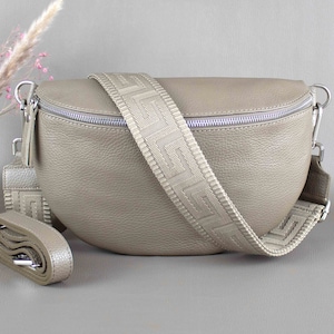 Taupe Brown L Fanny Pack For Women With Patterned Strap Leather Crossbody Shoulder Waist Bag Silver Zipper Handbag Interchangeable Wide Belt
