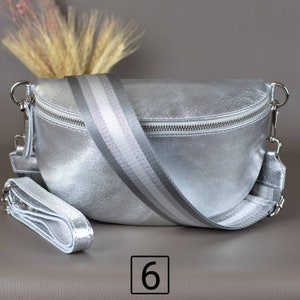 Silver Fanny Pack For Women With Patterned Strap Leather Crossbody Shoulder Waist Bag Silver Zipper Handbag Interchangeable Wide Belt 6