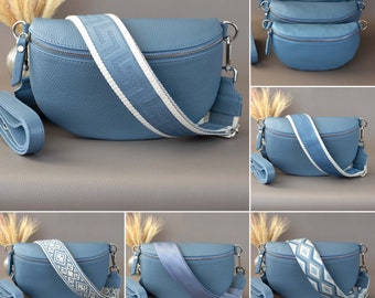 Blue Fanny Pack For Women With Patterned Strap Leather Crossbody Shoulder Waist Bag Silver Zipper Handbag Interchangeable Wide Belt