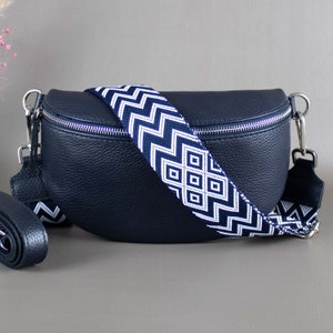 Navy Blue M Fanny Pack For Women With Patterned Strap Leather Crossbody Shoulder Waist Bag Silver Hardware Handbag Interchangeable Wide Belt