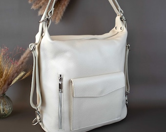 Beige leather shopper bag shopping bag for women, genuine leather handbag for ladies shoulder bag tote bag gift