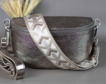 Bronze Fanny Pack For Women With Patterned Strap Leather Crossbody Shoulder Waist Bag Silver Zipper Handbag Interchangeable Wide Belt