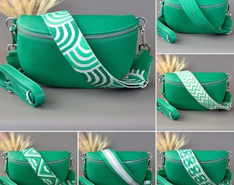 Green Fanny Pack For Women With Patterned Strap Leather Crossbody Shoulder Waist Bag Silver Zipper Handbag Interchangeable Wide Belt