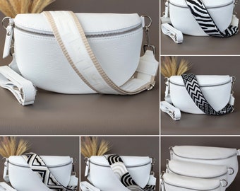 White Fanny Pack For Women With Patterned Strap Leather Crossbody Shoulder Waist Bag Silver Zipper Handbag Interchangeable Wide Belt