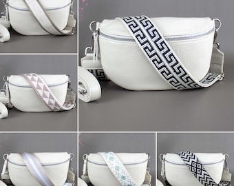 Beige M Fanny Pack For Women With Patterned Strap Leather Crossbody Shoulder Waist Bag Silver Hardware Handbag Interchangeable Wide Belt