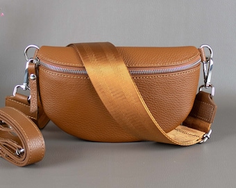 Tan Cognac S Fanny Pack For Women With Patterned Strap Leather Crossbody Shoulder Waist Bag Silver Zipper Handbag Interchangeable Wide Belt