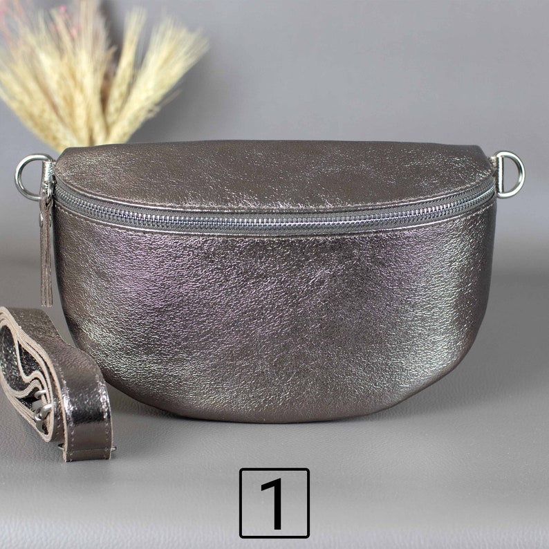 Bronze Fanny Pack For Women With Patterned Strap Leather Crossbody Shoulder Waist Bag Silver Zipper Handbag Interchangeable Wide Belt 1