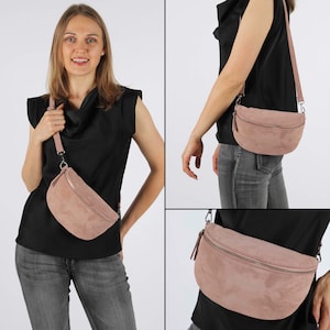 Puder Wildleder Bauchtasche für Frauen, Wildleder Schultertasche Damen, Crossbodybag mit verschiedenen Größen, Geschenk Sie, Silver Hardware