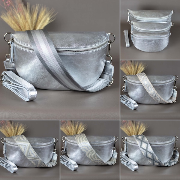 Silver Fanny Pack For Women With Patterned Strap Leather Crossbody Shoulder Waist Bag Silver Zipper Handbag Interchangeable Wide Belt