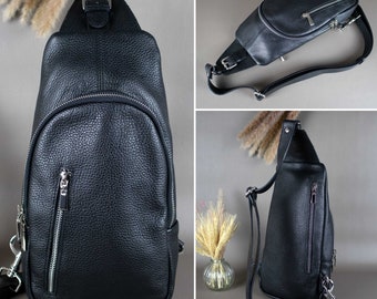 Schwarz Leder Rucksack Frauen, Umhängetasche für Damen aus echtem Leder, Schultertasche Crossbody Bag Bucket Bag Geschenk für Sie für Mom