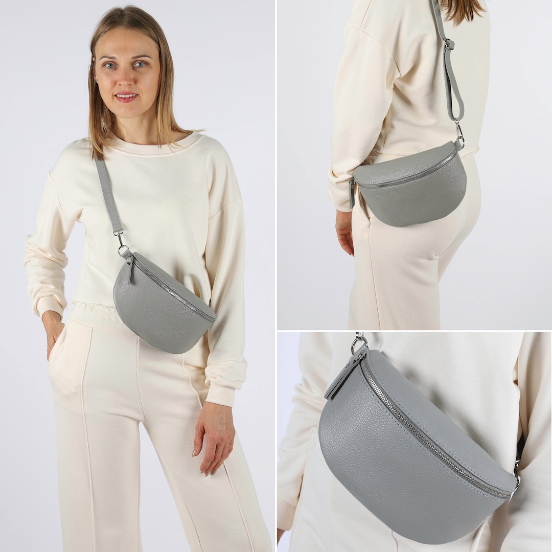 Light Gray Fanny Pack for Women With Patterned Strap Leather