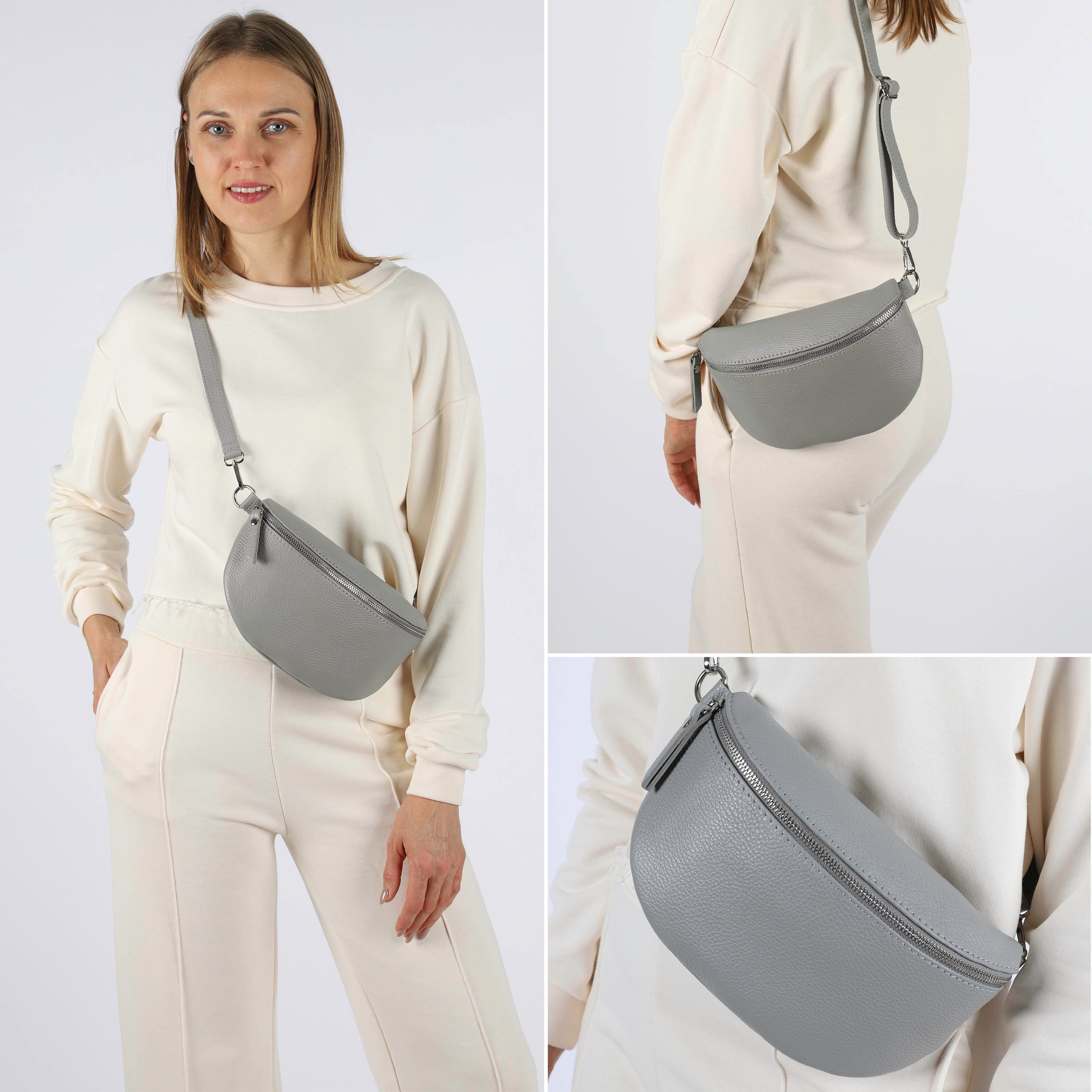 Light Gray Fanny Pack for Women With Patterned Strap Leather