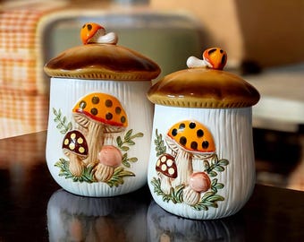 Merry Mushroom canister pair with lids * 1983 Sears Roebuck * Kitchen Kitsch