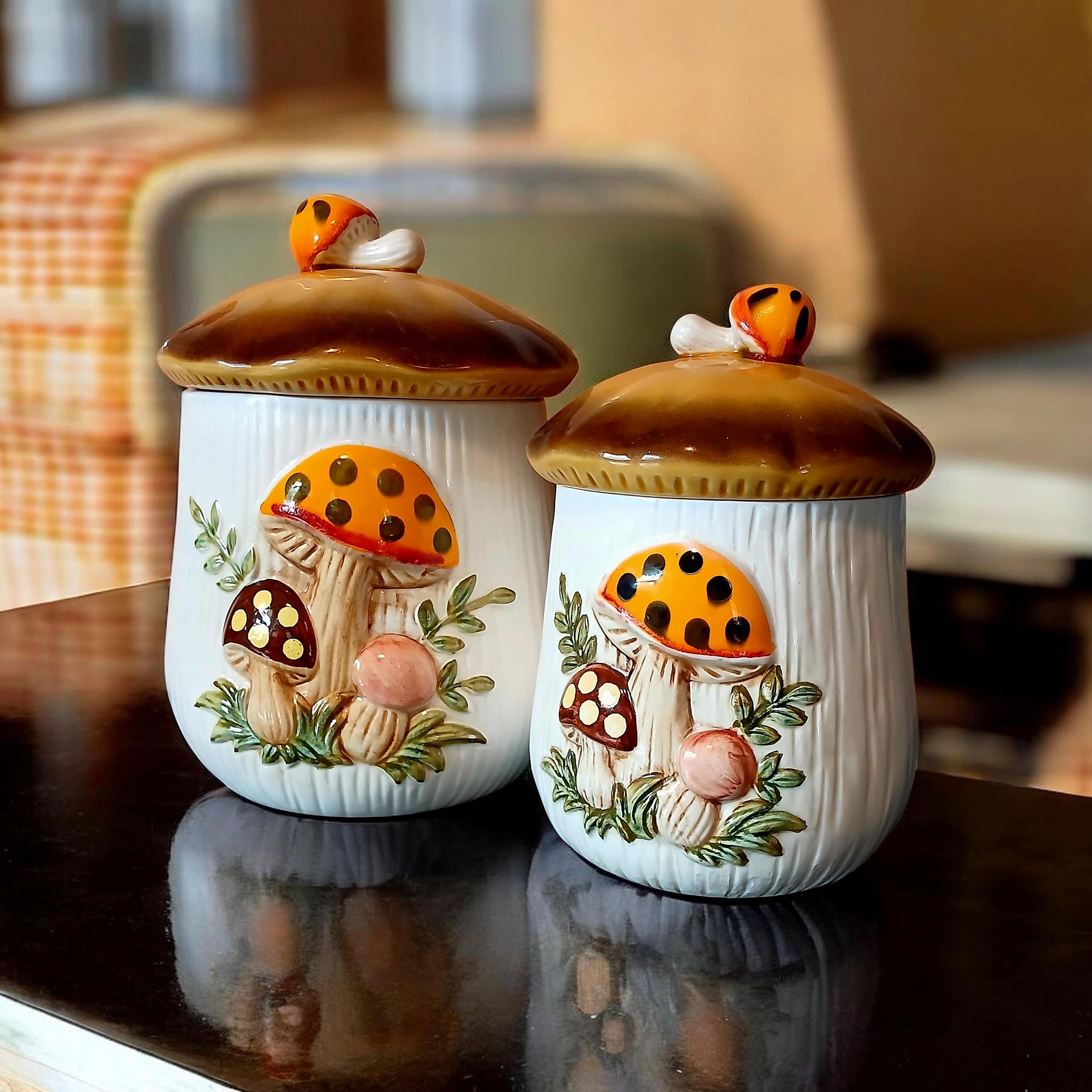 シアーズマッシュルームキャニスターセット Sears Merry Mushrooms All-In-One-Spin Canister No Spin Tray READ