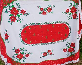 Vintage Christmas Tablecloth, Poinsettia Holly Print, 84x60