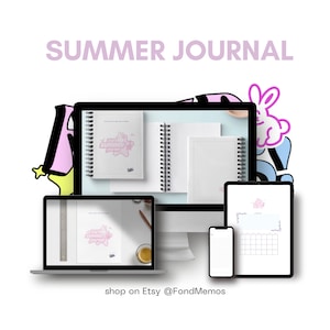 Peut inclure: Illustration numérique d'un journal rose et blanc avec le texte "I love summer" sur la couverture. Le journal est affiché sur un écran d'ordinateur, un ordinateur portable, une tablette et un smartphone. L'image comprend également une illustration de lapin rose.
