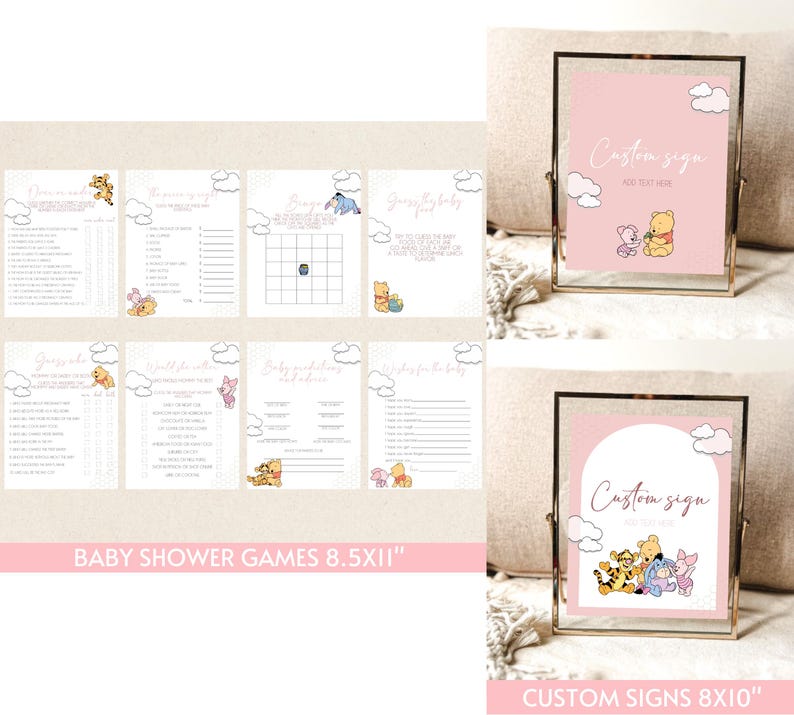 Może przedstawiać: Zestaw gier na baby shower i niestandardowych znak&oacute;w z postaciami Kubusia Puchatka. Gry są wydrukowane na białym papierze z r&oacute;żowymi akcentami i ilustracjami chmur. Znaki mają r&oacute;żowe tło z napisem "Custom sign".