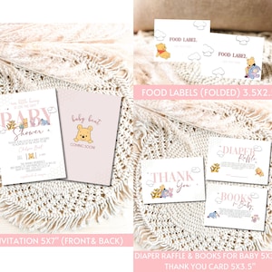Może przedstawiać: Zestaw papeterii na baby shower z Kubusiem Puchatkiem. Zawiera zaproszenie (12,7x17,8 cm), etykiety na jedzenie (8,9x6,4 cm), kartkę z podziękowaniami (12,7x8,9 cm), loterię pieluszkową i karty z książkami dla dziecka. Miękka r&oacute;żowa i biała kolorystyka.
