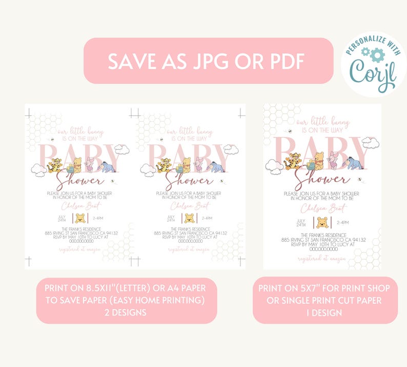 Może przedstawiać: Zaproszenia na baby shower z postaciami Kubusia Puchatka, z tekstem "Our little bunny is on the way". Zaproszenia są w kolorze r&oacute;żowym i białym, z tłem w kształcie plastra miodu. Tekst zawiera imię "Chelsea Bent" i szczeg&oacute;ły wydarzenia.