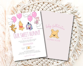 May include: A Winnie the Pooh themed baby shower invitation with pink and white clouds, pink balloons, and cartoon characters. The text reads "Our Sweet Hunny is on the way" and includes the baby's name, date, time, and location. The RSVP information is also included.