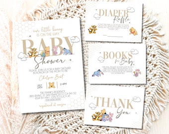 Zestaw na baby shower z Kubusiem Puchatkiem, Zaproszenie na baby shower z Kubusiem Puchatkiem, Dekoracje z Kubusiem Puchatkiem, Pobieranie cyfrowe
