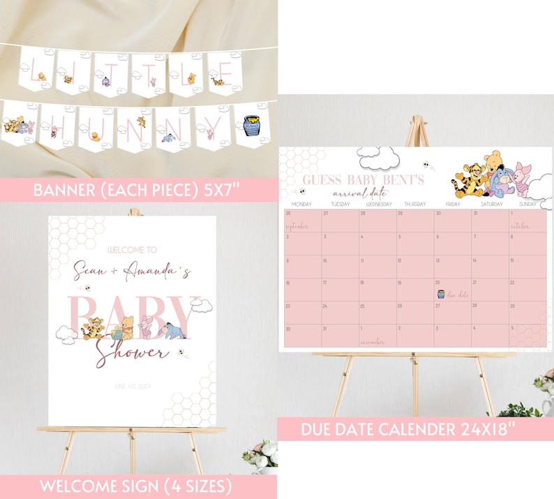 Może przedstawiać: Zestaw na baby shower z banerem, znakiem powitalnym i kalendarzem terminu porodu. Baner głosi "LITTLE HONEY" z postaciami Kubusia Puchatka. Znak powitalny głosi "Welcome to Sean + Amanda's BABY Shower". Kalendarz jest r&oacute;żowy.