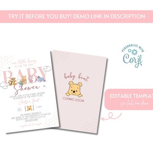 Może przedstawiać: Dwa zaproszenia na baby shower. Jeden przedstawia postacie Kubusia Puchatka i tekst "Baby Shower". Drugi ma Kubusia Puchatka z tekstem "baby bent COMING SOON!". Oba są jasnor&oacute;żowe z akcentami w kształcie plastra miodu.