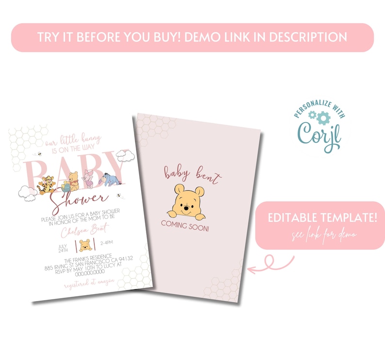 Może przedstawiać: Dwa zaproszenia na baby shower. Jeden przedstawia postacie Kubusia Puchatka i tekst "Baby Shower". Drugi ma Kubusia Puchatka z tekstem "baby bent COMING SOON!". Oba są jasnor&oacute;żowe z akcentami w kształcie plastra miodu.