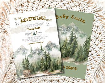 May include: A baby shower invitation with a watercolor illustration of a mountain range with a forest and a cabin. The text on the invitation reads "Let the Adventure Begin" and "Baby Smith".