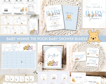 Zestaw na baby shower z Kubusiem Puchatkiem, zaproszenie na baby shower z Kubusiem Puchatkiem, dekoracje Little Hunny, pobieranie cyfrowe, niebieski, chłopczyk