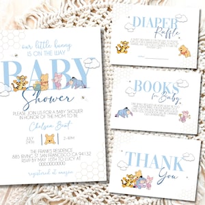 Baby Winnie the Pooh Baby Shower Mini Bundle, Baby Winnie the Pooh Bear Baby Shower Invitation, Little Hunny Pooh Decor, Blue Baby Boy