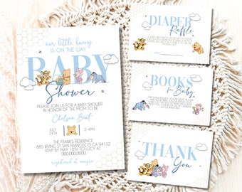 Zestaw na baby shower z Kubusiem Puchatkiem, Zaproszenie na baby shower z Kubusiem Puchatkiem, Dekoracje z Kubusiem Puchatkiem, Niebieski chłopiec