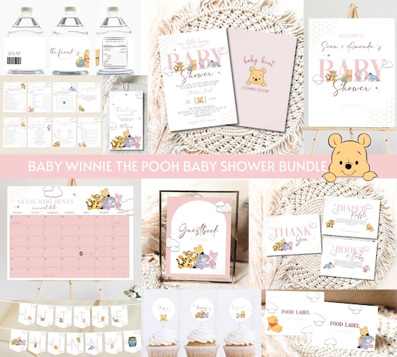 Baby Winnie the Pooh Baby Shower Bundle, Winnie the Pooh Baby Shower Invitation, Little Hunny Decor, Digital Download, Pink, Baby Girl