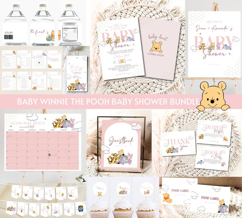 Może przedstawiać: Zestaw dekoracji i artykuł&oacute;w papierniczych na baby shower z motywem Kubusia Puchatka. Zawiera zaproszenia, kalendarz, baner, nakładki na babeczki, etykiety na żywność i etykiety na butelki z wodą. Kolorystyka to delikatny r&oacute;ż i ż&oacute;łty.
