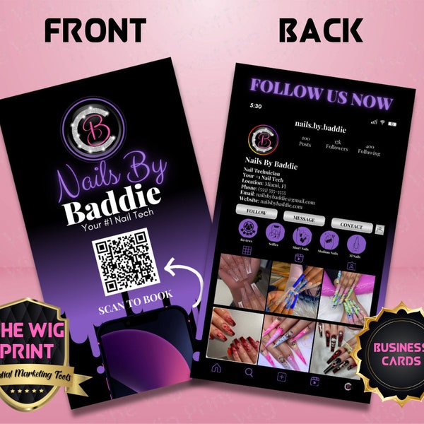 2023 Instagram Business Cards | Purple | Wigs, Hair, Nails, Makeup + Lash Industry | DIY | CANVA