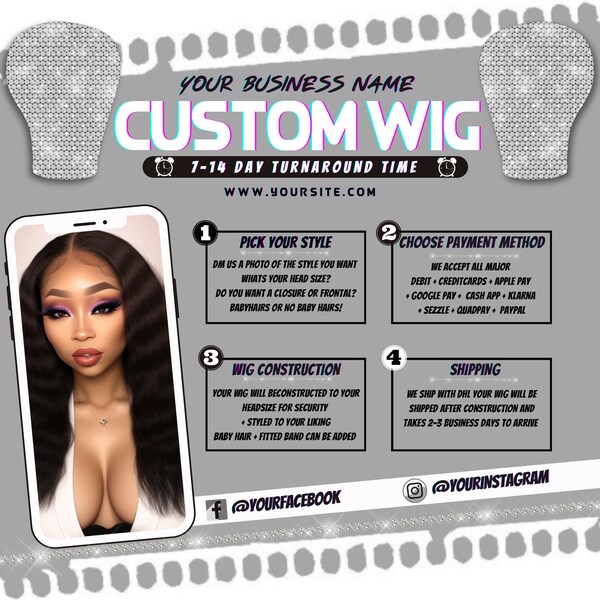 Custom Wig Flyers | 2 Pieces | 1 Square Instagram Flyer | 1 Animated Story Flyer | DIY | Canva | Hair + Wig Industry | Grey Glitch