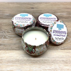 Pumpkin Apple Butter candles for court reporters, stenographers, captioners.  Fall fragrance, 4.4 ounce multi-color tin, sturdy gift box.