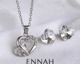 Silver Heart Necklace & Stud Earrings Set Crystal Pendant Jewellery Gift for Women, Anniversary, Valentine’s Day, Birthday Gift Boxed Set