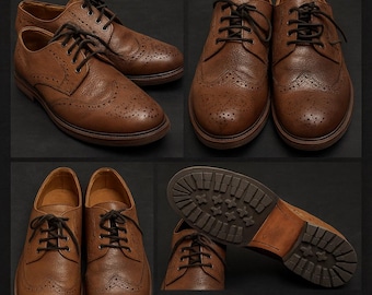 Scarpe brogue vintage in pelle marrone, Oxford italiane con punta a coda di rondine (taglia UK 9)