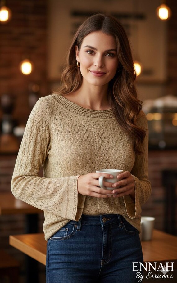 Vintage Y2K Emma James Petite Gold Knit Sweater Beaded Neckline