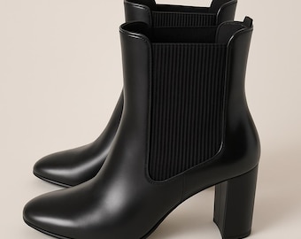Black Leather Chelsea Ankle Boots, Block Heel, Women's Size 6